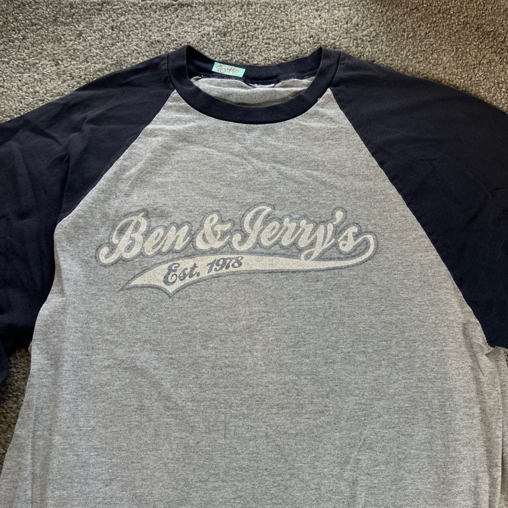 vtg Ben & Jerrys Baseball Raglan Shirt Mens Large Gray Navy 3/4 Sleeve logo - Picture 4 of 10